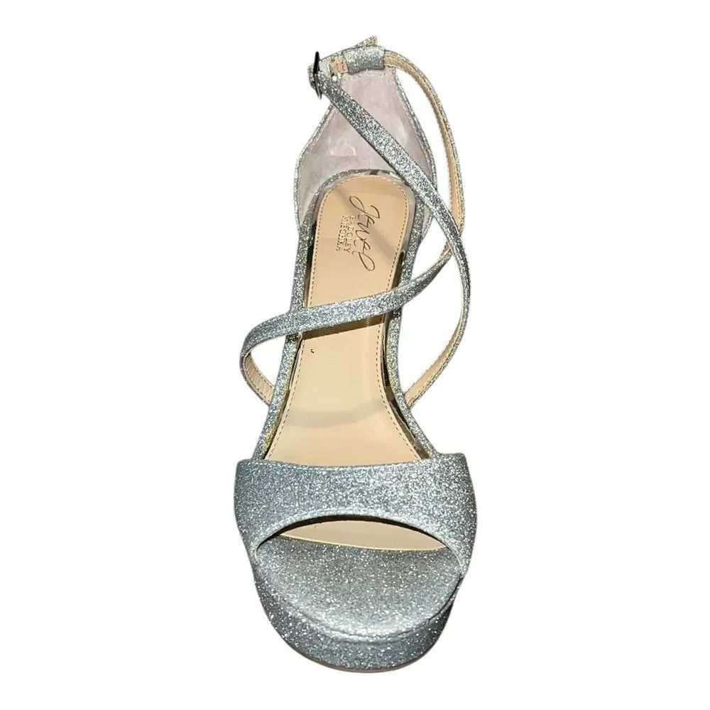 Jewel Badgley Mischka Averie Evening Sandal Heels Silver Glitter 8.5M New